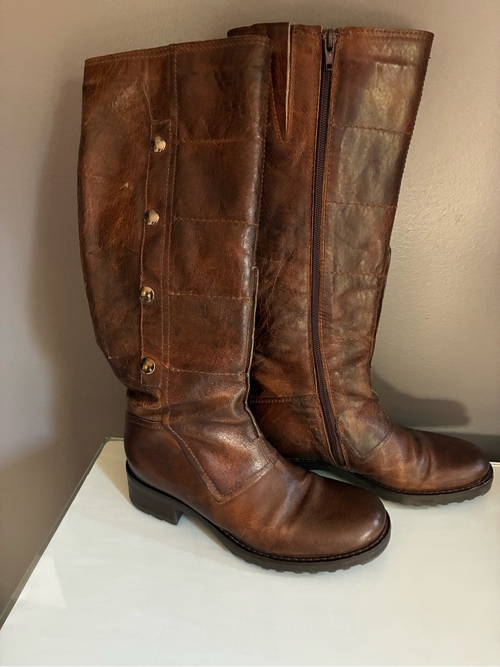 Classic Tall Italian Distressed Leather Riding Boots in  Dark Brown